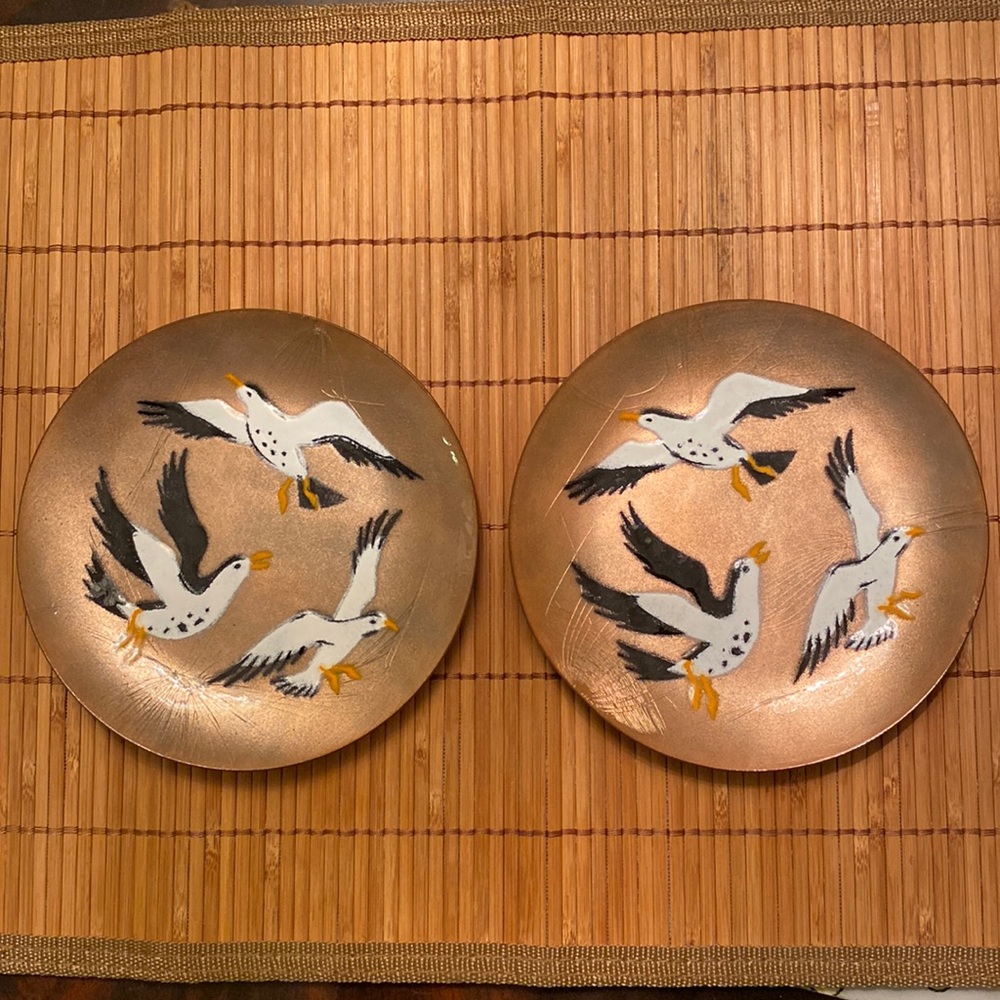 Vintage MCM Annemarie Davidson Handcrafted Enamel Copper Seagull Plates